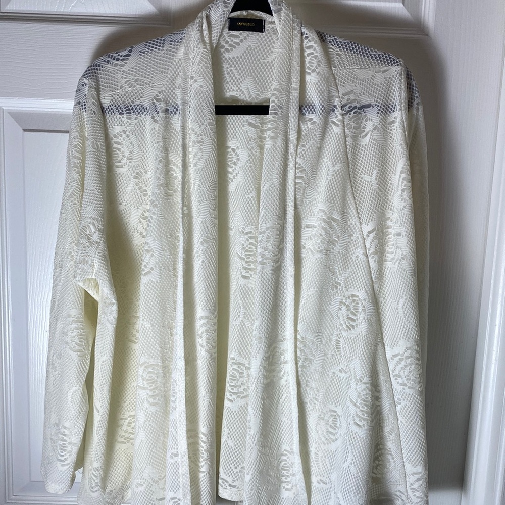 Espresso Cream Open Front Lace Detailed Cardigan Large Cover Up.